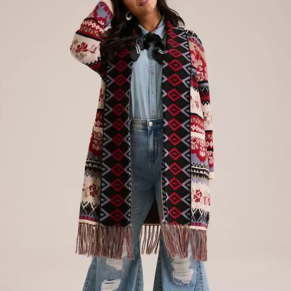 Torrid Festi 1 1X 14-16 Fringe Shawl Long Cardigan Sweater Red Dahlia Western